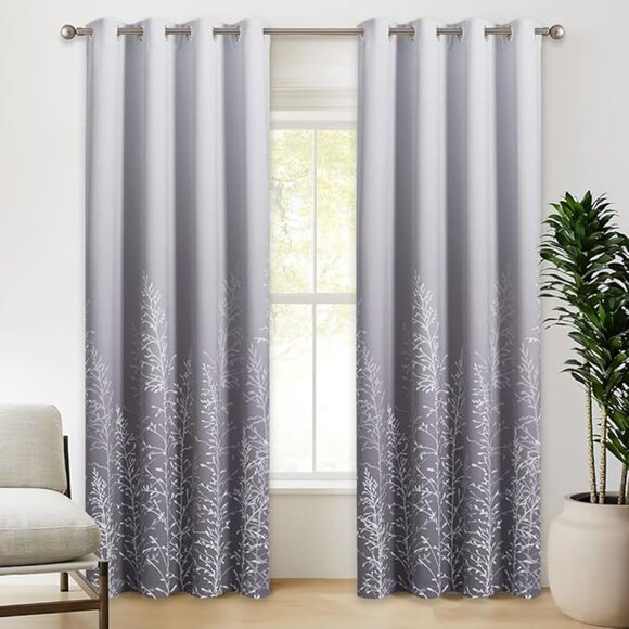 Grey & White Room Darkening Curtains with Tree Pattern 52x84 inch - 2 Panels - Picture 1 of 8